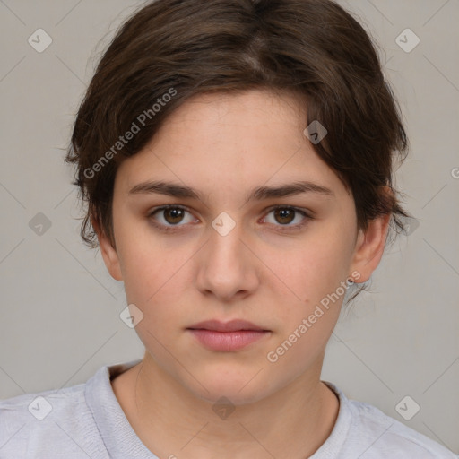 Neutral white young-adult female with medium  brown hair and brown eyes