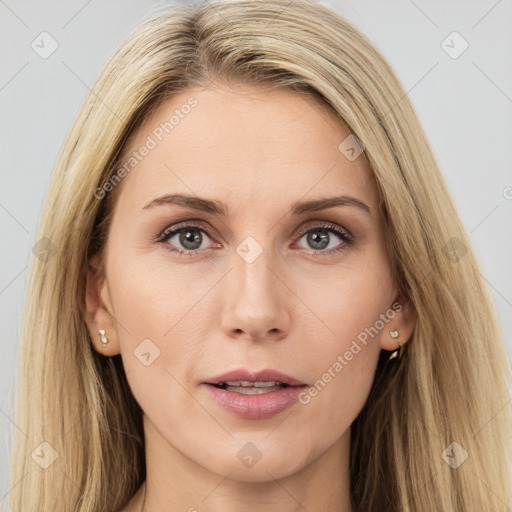 Joyful white young-adult female with long  brown hair and green eyes