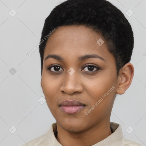 Joyful latino young-adult female with short  black hair and brown eyes