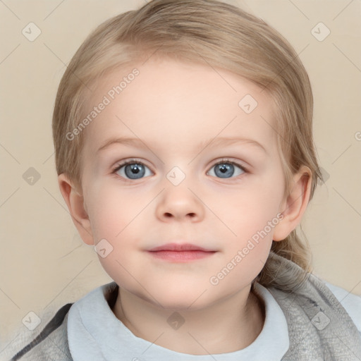 Neutral white child female with medium  brown hair and blue eyes