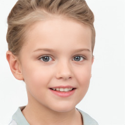 Joyful white child female with short  brown hair and grey eyes