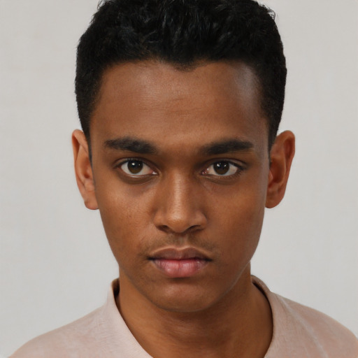 Neutral black young-adult male with short  black hair and brown eyes