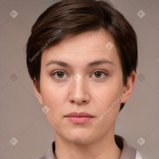 Neutral white young-adult female with short  brown hair and brown eyes