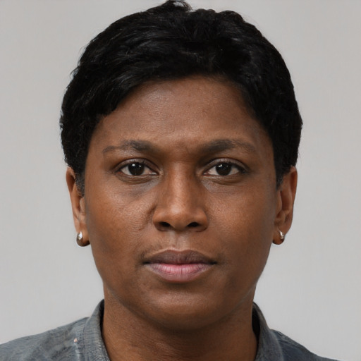Neutral black young-adult female with short  black hair and brown eyes