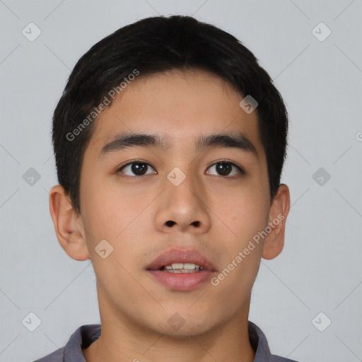 Neutral asian young-adult male with short  brown hair and brown eyes