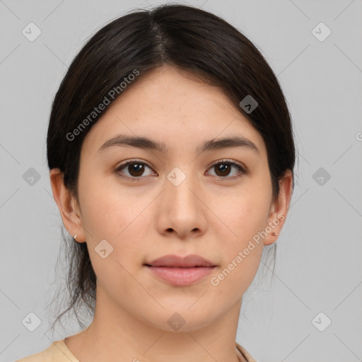 Neutral white young-adult female with medium  brown hair and brown eyes