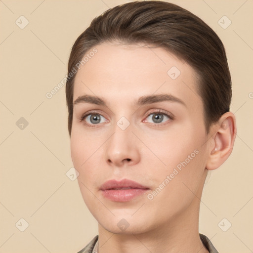 Neutral white young-adult female with short  brown hair and brown eyes