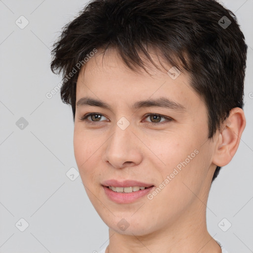 Joyful white young-adult female with short  brown hair and brown eyes