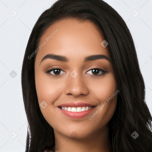 Joyful white young-adult female with long  black hair and brown eyes