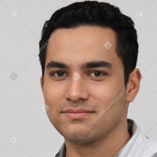Neutral latino young-adult male with short  black hair and brown eyes