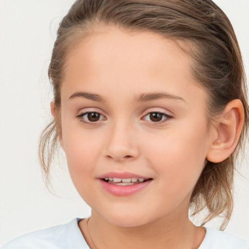 Joyful white child female with medium  brown hair and brown eyes