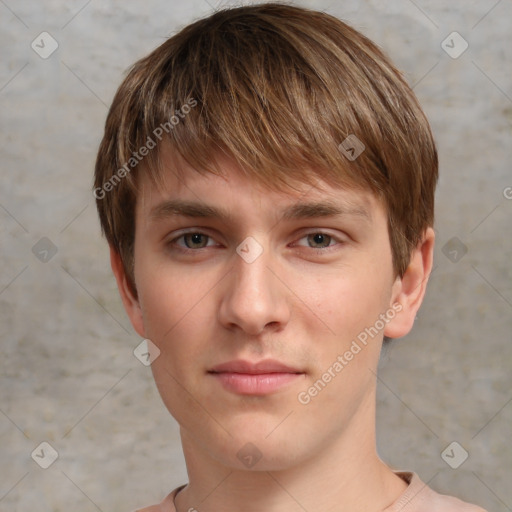 Neutral white young-adult male with short  brown hair and grey eyes