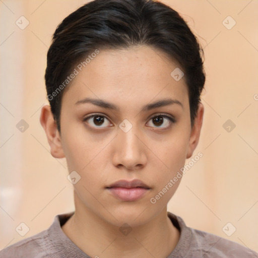 Neutral asian young-adult female with short  brown hair and brown eyes