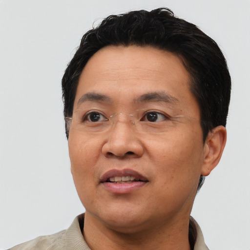Joyful asian adult male with short  black hair and brown eyes