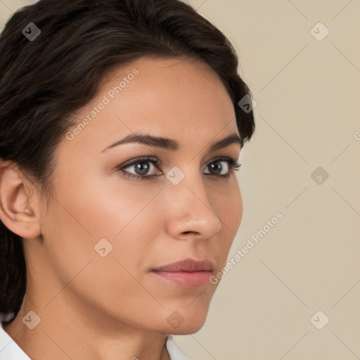 Neutral white young-adult female with short  brown hair and brown eyes