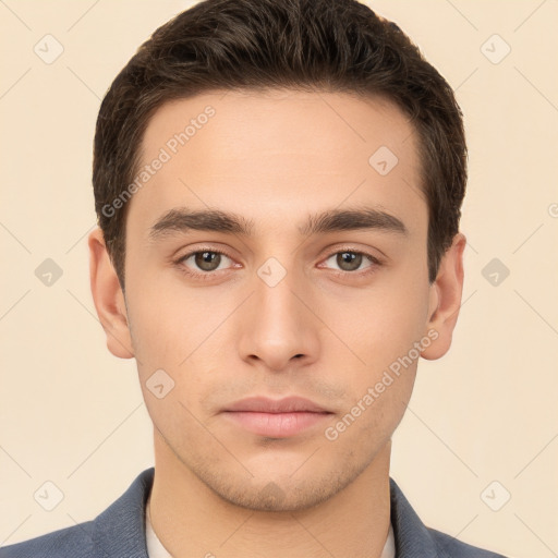 Neutral white young-adult male with short  brown hair and brown eyes