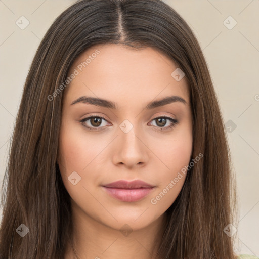 Neutral white young-adult female with long  brown hair and brown eyes