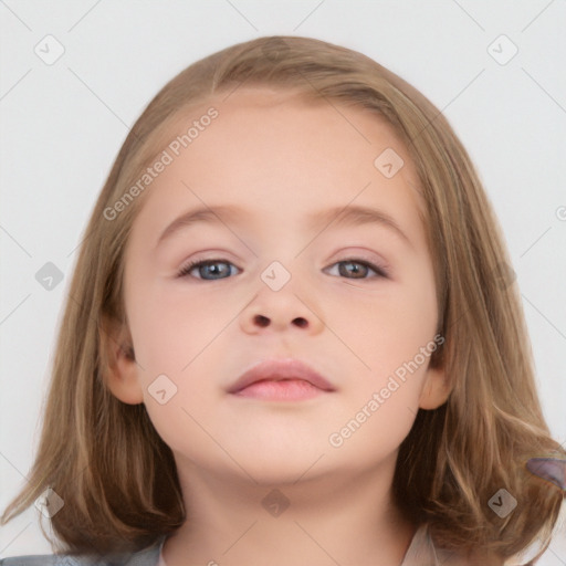 Neutral white child female with medium  brown hair and grey eyes