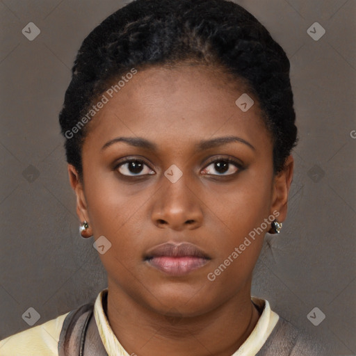Neutral black young-adult female with short  black hair and brown eyes