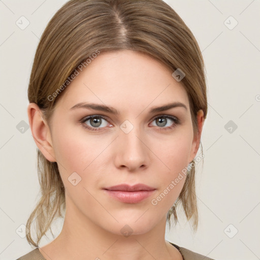 Neutral white young-adult female with medium  brown hair and grey eyes