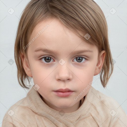 Neutral white child female with medium  brown hair and grey eyes