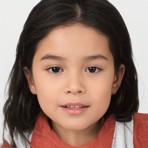 Joyful asian child female with medium  brown hair and brown eyes