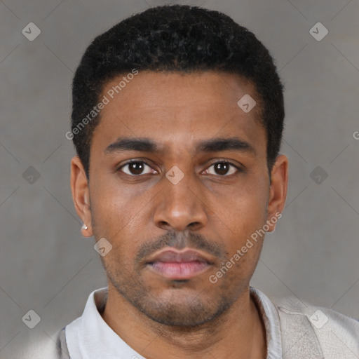 Neutral latino young-adult male with short  black hair and brown eyes