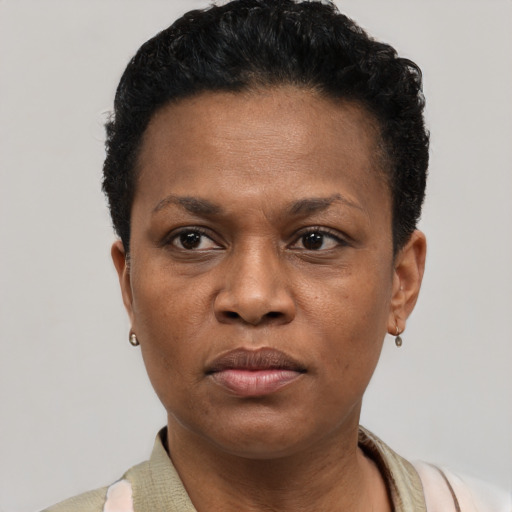 Neutral black young-adult female with short  black hair and brown eyes