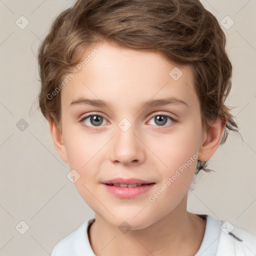 Joyful white child female with short  brown hair and brown eyes