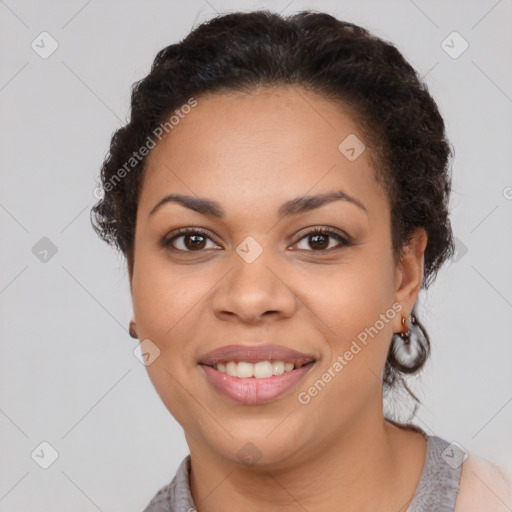 Joyful latino young-adult female with short  brown hair and brown eyes