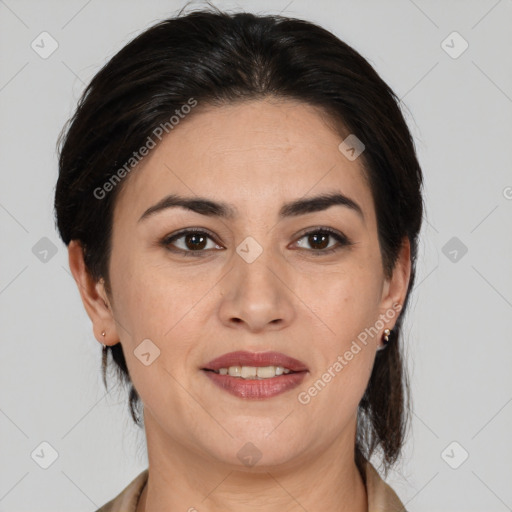 Joyful white young-adult female with medium  brown hair and brown eyes