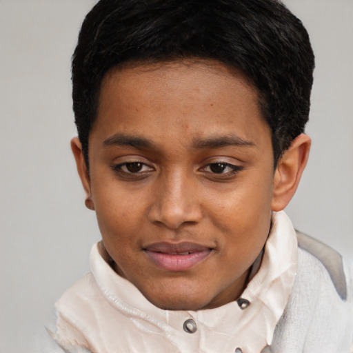 Joyful black young-adult male with short  brown hair and brown eyes