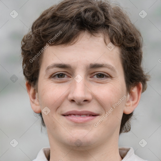 Joyful white young-adult male with medium  brown hair and brown eyes