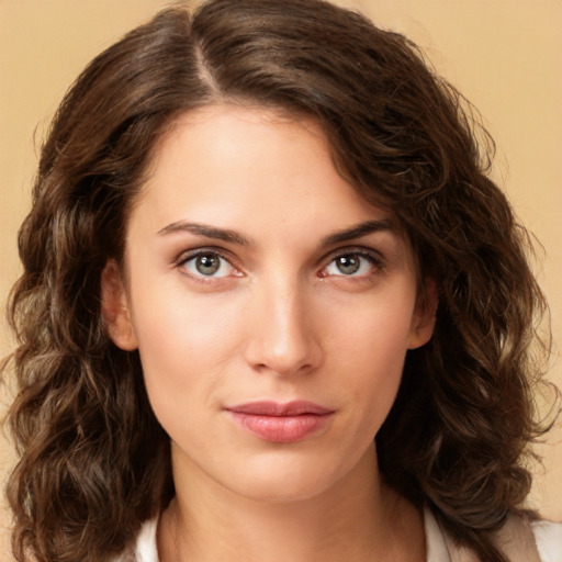 Neutral white young-adult female with medium  brown hair and brown eyes