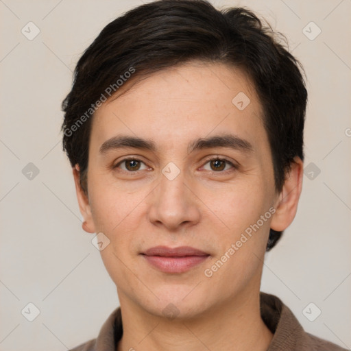 Joyful white young-adult male with short  brown hair and brown eyes