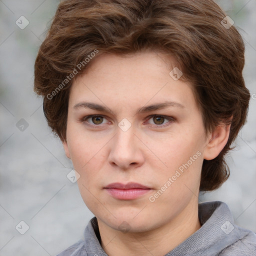 Neutral white young-adult female with short  brown hair and grey eyes