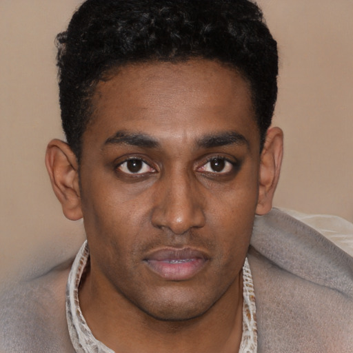 Neutral black young-adult male with short  black hair and brown eyes