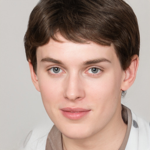 Neutral white young-adult male with medium  brown hair and grey eyes