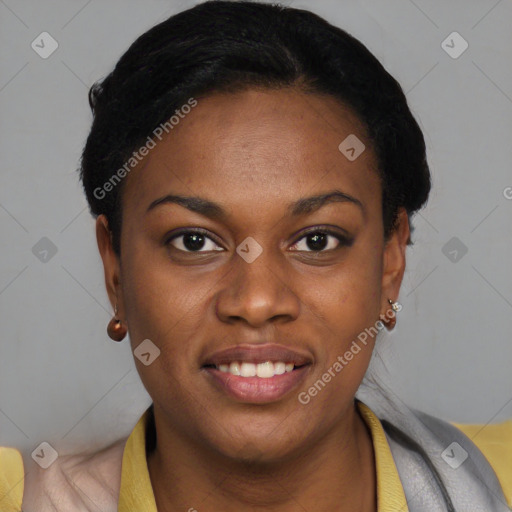 Joyful latino young-adult female with short  black hair and brown eyes