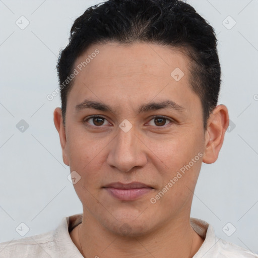 Joyful white young-adult male with short  brown hair and brown eyes