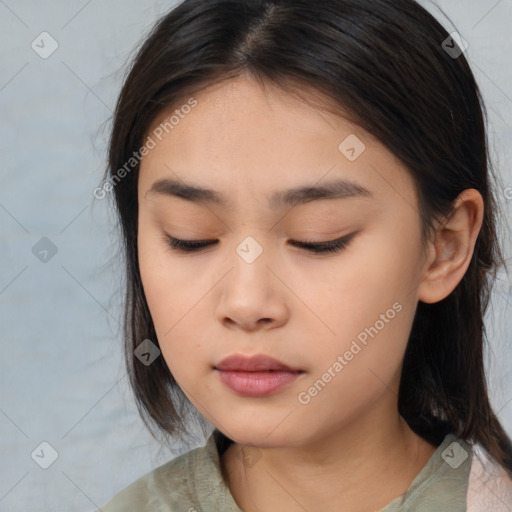 Neutral asian young-adult female with medium  brown hair and brown eyes