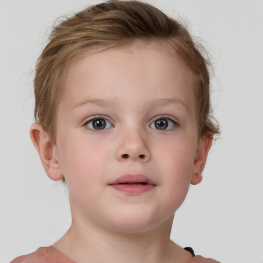 Neutral white child female with short  brown hair and blue eyes