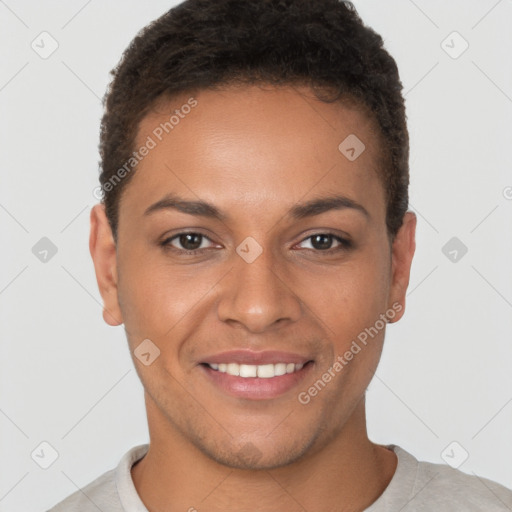 Joyful latino young-adult female with short  brown hair and brown eyes