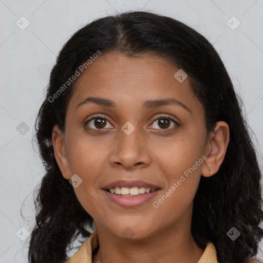 Joyful latino young-adult female with long  brown hair and brown eyes