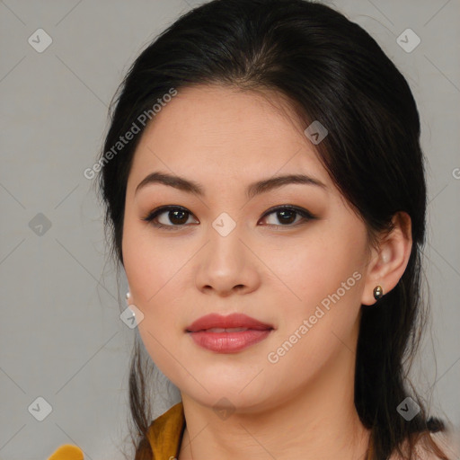 Joyful asian young-adult female with medium  brown hair and brown eyes