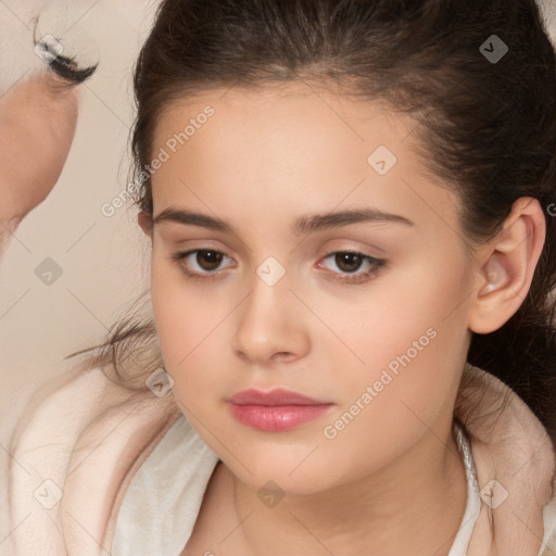 Neutral white young-adult female with medium  brown hair and brown eyes