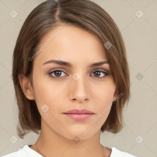 Neutral white young-adult female with medium  brown hair and brown eyes