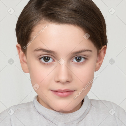 Joyful white child female with short  brown hair and brown eyes