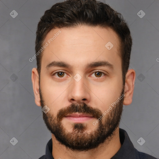 Neutral white young-adult male with short  brown hair and brown eyes