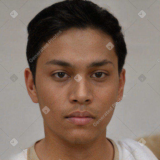 Neutral asian young-adult male with short  brown hair and brown eyes